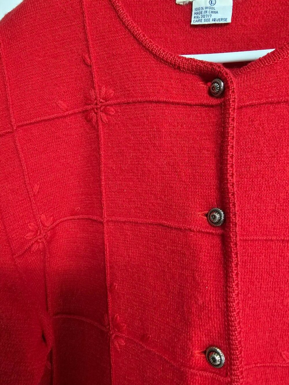 Deans of Scotland Red Wool Cardigan Size L — Textured Knit, Metal Buttons